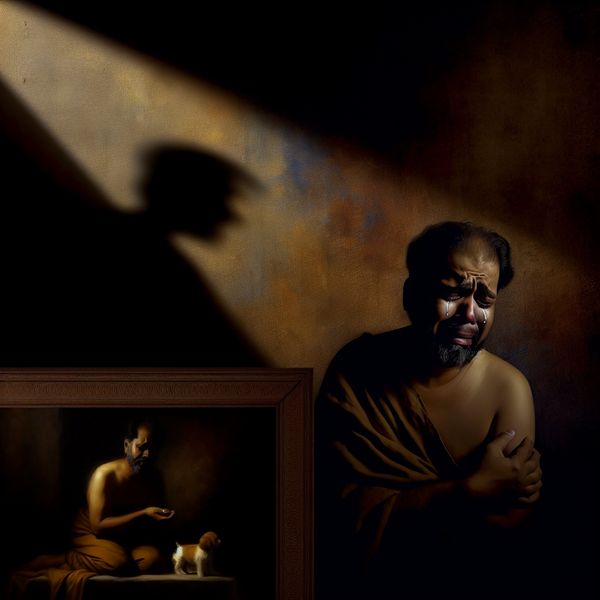 Emotionele en fysieke pijn vastgelegd in kunst Een triestige persoon in een donker verlichte kamer, zijn gezicht vertoont verdriet en zijn ogen zijn vol tranen, met een schaduw op de muur erachter.