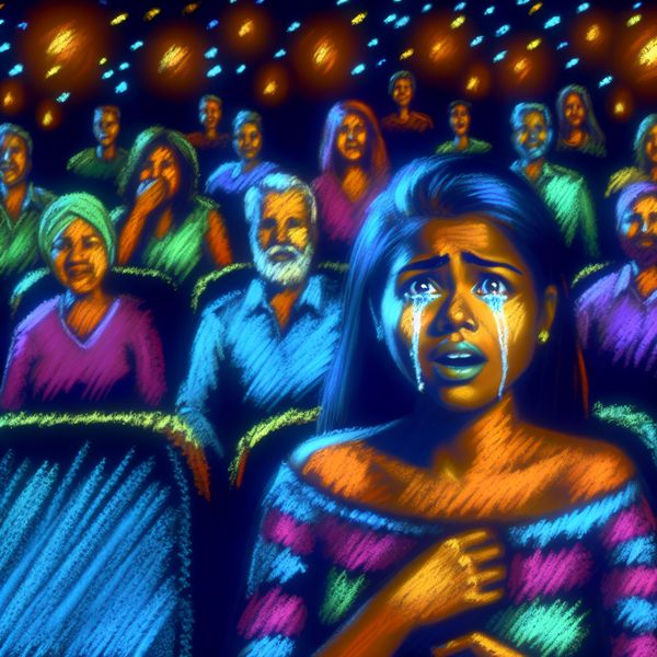 Emotionele filmvertoning met betrokken kijkers Jonge vrouw met tranen in haar ogen tijdens een emotionele filmvertoning in een donkere bioscoop, omgeven door andere reagerende kijkers.