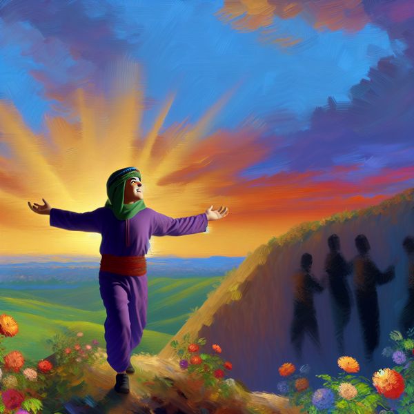 Emotionele Groei bij Zonsopgang - Zelfvertrouwen en Verandering Jong persoon op een groene heuvel bij zonsopgang, uitgestrekte armen, omringd door bloemen, met schaduwachtige figuren op de achtergrond.