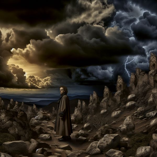 Een eenzame figuur in een dor, rotsachtig landschap, kijkend naar een bewolkte lucht, symboliserend emotionele hardheid.