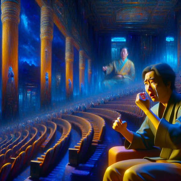 Emotionele kwetsbaarheid in een bioscoop Een hyper-realistische en surrealistische afbeelding van een persoon die alleen zit in een majestueuze bioscoopzaal, met tranen op hun gezicht terwijl ze naar een emotionele film kijken.