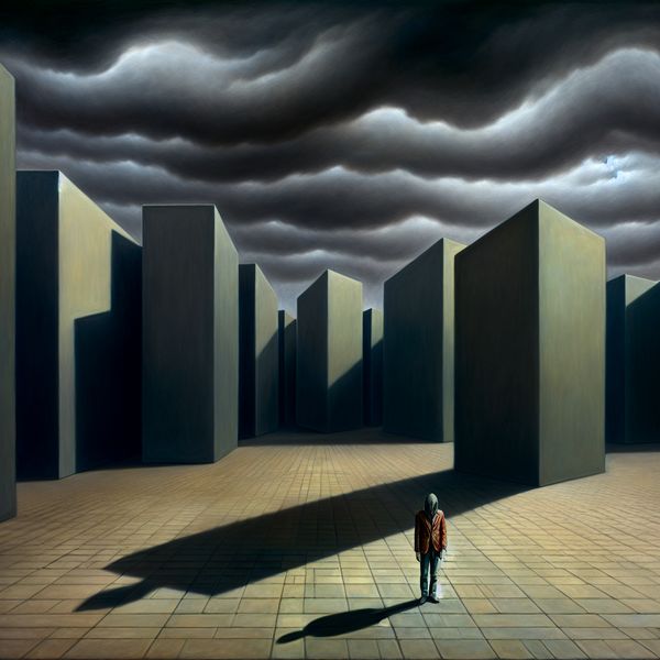 Emotionele last en mentale druk in surrealistisch stadslandschap Eenzaam persoon met onzichtbare last in verlaten stadsplein, symboliserend ernstige emotionele of mentale problemen