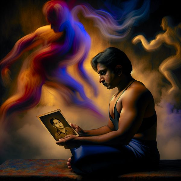 Emotioneel moment met oude foto Persoon in een contemplatieve houding die naar een oude afbeelding kijkt, omringd door etherische kleuren.