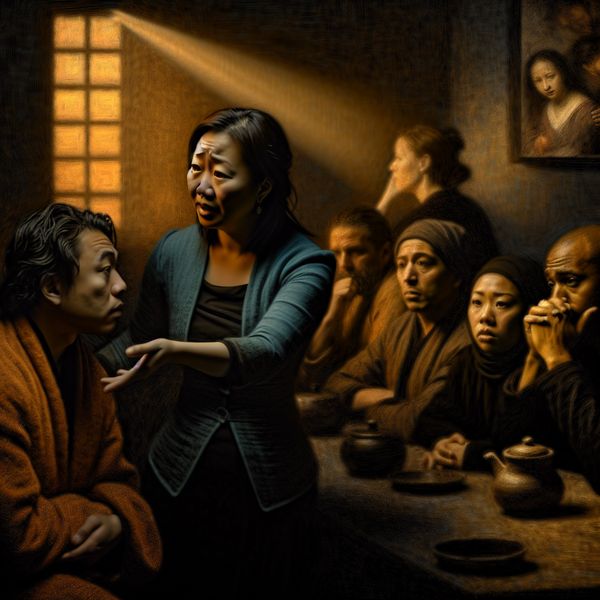 Emotionele steun op de werkvloer in een sfeervolle kantooromgeving Een vrouw biedt emotionele steun aan collega's in een sfeervol verlichte kantooromgeving, met uitdrukkingen van zorg en empathie in een dramatische schaduwsetting.