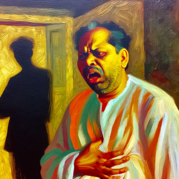 Intense Emotionele Turmoil in een Donkere Kamer Portret van een persoon die in een slecht verlichte kamer staat met een verontruste blik en zijn buik vasthoudt, wat emotionele onrust uitdrukt.