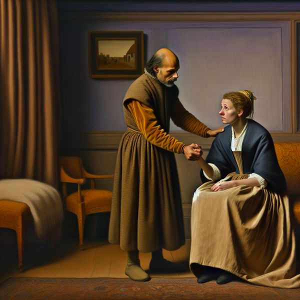 Een persoon houdt zorgzaam de hand van een andere persoon vast die zichtbaar verdrietig is, wat empathie en medeleven uitdrukt.