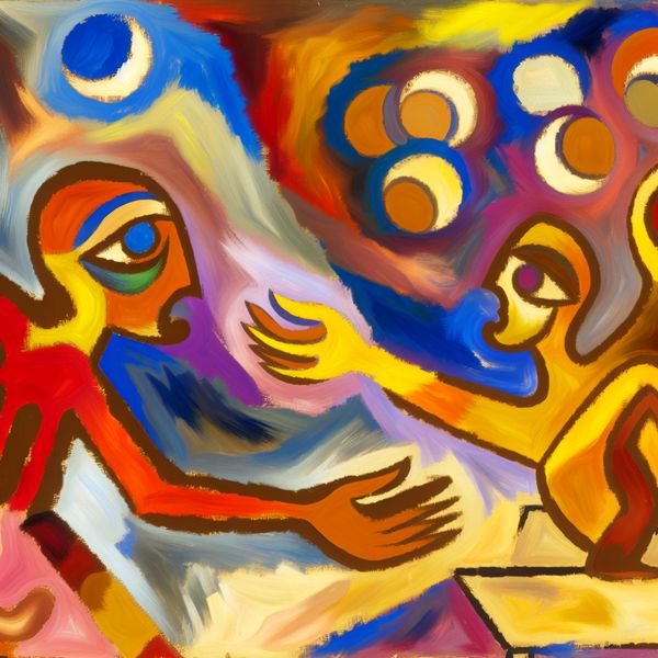 Empathisch Gedrag in Abstracte Kunst Abstract kunstwerk dat twee mensen toont; een persoon reikt hun hand uit om een ander in nood te helpen, symboliseert empathie.