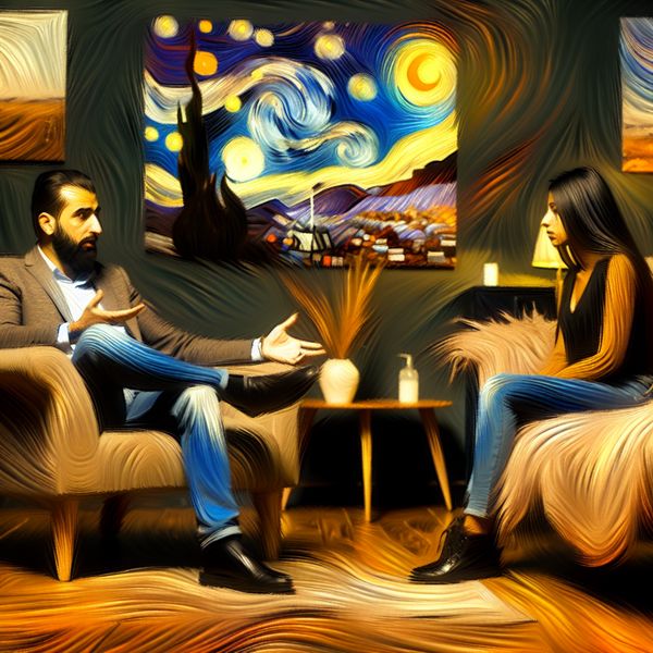 Empathische therapeut in cozy setting Therapeut en cliënt in een gezellige, warm verlichte kamer, de therapeut toont empathie terwijl de cliënt emotioneel spreekt.