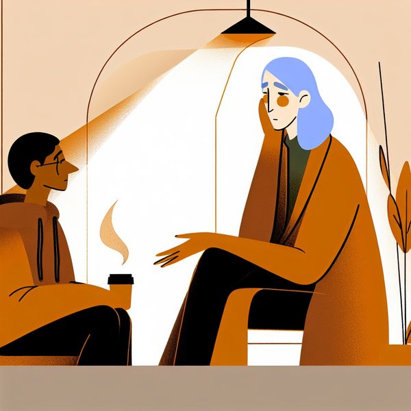 Empathisch Gesprek Tussen Twee Personen Twee mensen in een warm gesprek; de luisterende persoon toont bezorgdheid en aandacht, terwijl de andere zijn gevoelens deelt.