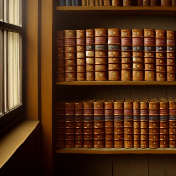 Gedetailleerde Vermeer-stijl schilderij van een rustige studeerkamer met een boekenkast vol leren encyclopediebanden, waarvan één deel is opengeslagen