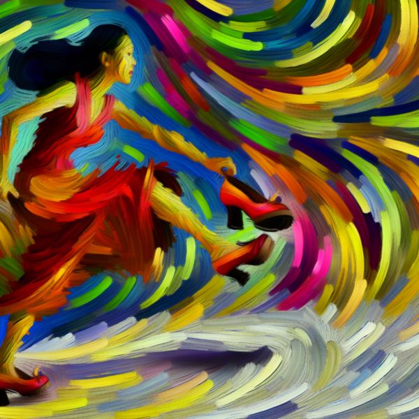 Energiek schoenen aantrekken in abstracte kunst Een abstracte afbeelding van een persoon die energiek een paar schoenen aantrekt, omringd door levendige kleuren en vormen die beweging en energie suggereren.
