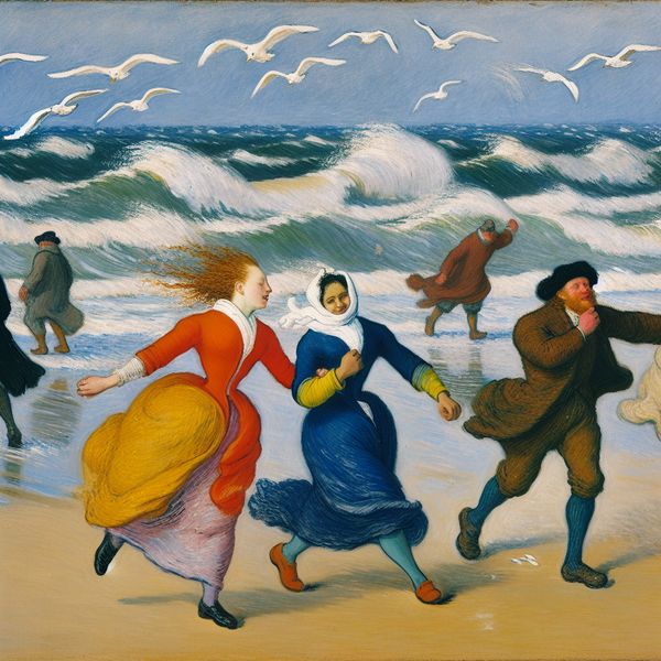 Energiek Strandtafereel met Wandelend Koppel Lively beach scene with a couple walking hand-in-hand along the shoreline