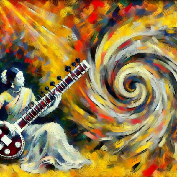 Muzikant in volle energie - abstract expressionisme voor taalstudenten Abstract expressionistisch schilderij van een muzikant vol energie en levensvreugde, omringd door levendige kleuren en dynamische penseelstreken