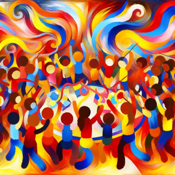Creatieve samenwerking van kinderen - Praktijkje illustratie Abstracte afbeelding van een groep blije kinderen die samenwerken aan een creatief project, met felle kleuren zoals rood, blauw en geel die het plezier en de chaos van leren illustreren.