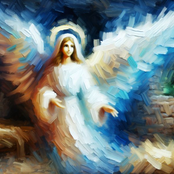 Hemelse engel met stralende witte vleugels zwevend boven een rustieke kerststal in een donkere stal, geschilderd in Van Gogh-stijl met expressieve penseelstreken