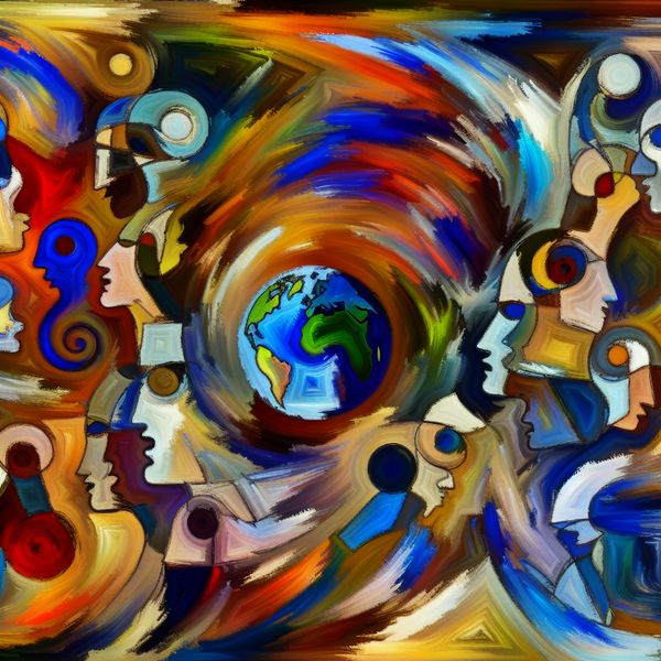 Engels als wereldtaal: abstracte voorstelling van globale conversatie Abstract expressionistisch kunstwerk met levendige figuren in gesprek, symboliserend wereldwijde communicatie in het Engels