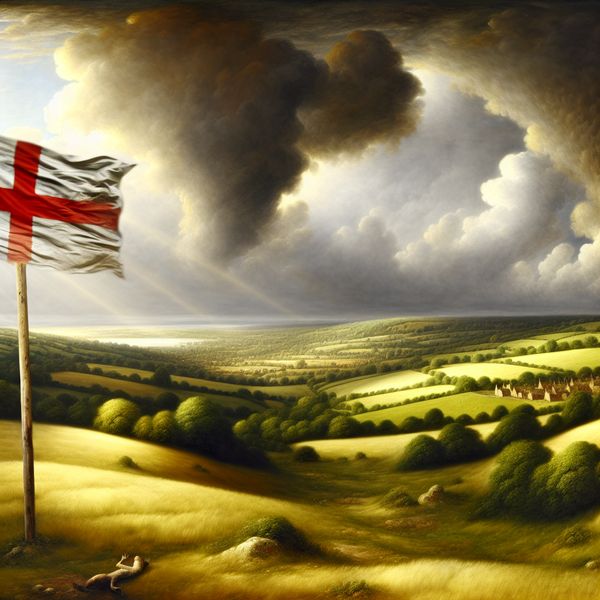 Golvend Engels landschap met wuivende Engelse vlag in de stijl van Jacob van Ruisdael, symboliserend voor de Engelse cultuur