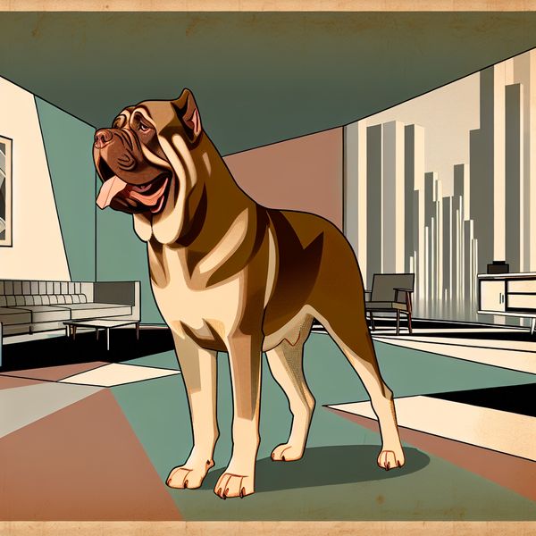 Engelse Mastiff als stoere hond in retro woonkamer - taal leren Nederlands-Engels Grote Engelse Mastiff in minimalistische woonkamer met retro-futuristisch design, illustratie in stijl van Jan van der Veken