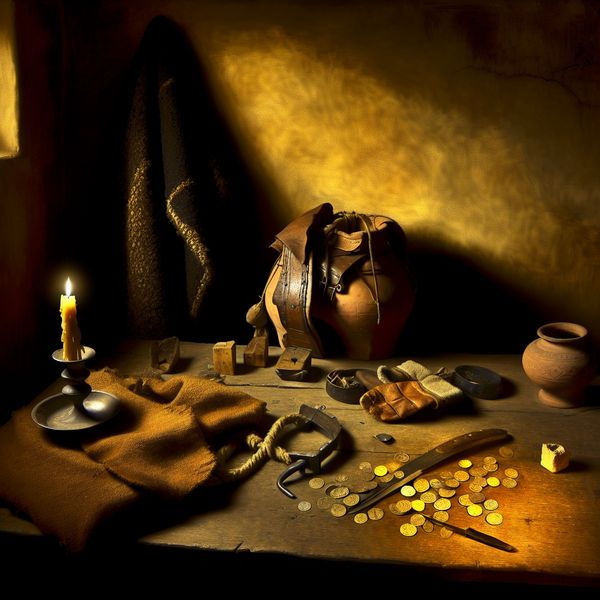 Enige voorbeelden van reisongemakken in Rembrandt-stijl schilderij 17e-eeuwse Nederlandse interieurscène met een vermoeide reiziger die enkele reisongemakken telt bij kaarslicht, zoals een gebroken riem, verloren handschoen en krom hoefijzer