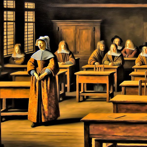 Enkele studenten in historische Nederlandse klas - onbepaalde maar beperkte hoeveelheid 17e-eeuwse Nederlandse klas met enkele studenten en lege houten banken, geschilderd in Rembrandt-stijl met dramatisch clair-obscur