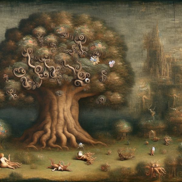Enorme boom en fantasierijke creaties in een surrealistisch park Een surrealistisch beeld van een enorme boom in een fantasierijk park, omringd door bizarre wezens en ongebruikelijke bloemen.