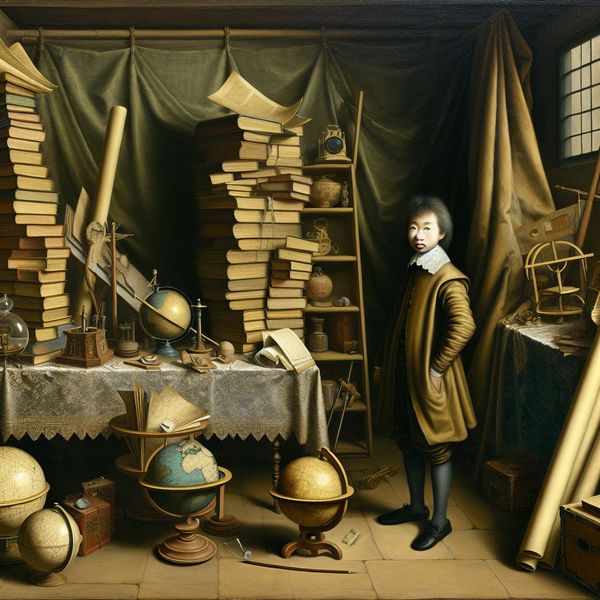 Enorme hoeveelheid kennis in historische studeerkamer - Nederlandse schilderkunst 17e-eeuwse Nederlandse studeerkamer met een jonge geleerde omringd door een overvloed aan boeken, kaarten, globes en wetenschappelijke instrumenten, symboliserend een enorme hoeveelheid kennis