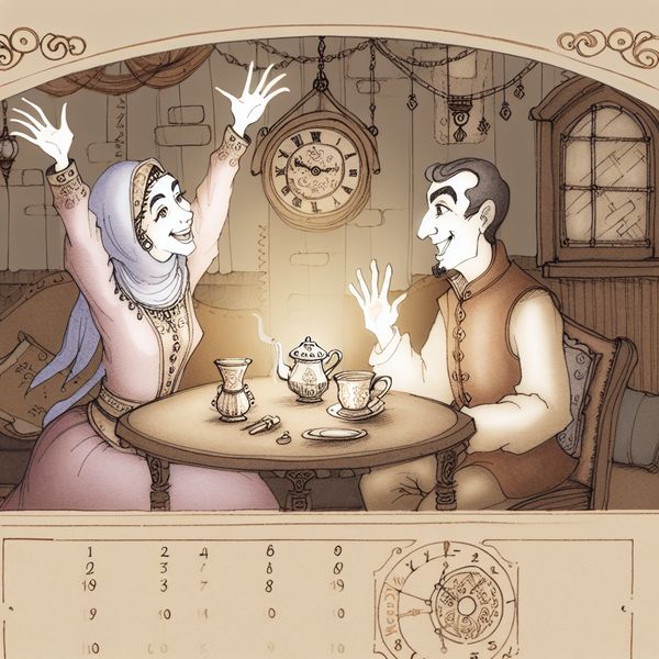 Twee vrolijke personages in een nostalgische setting die enthousiast akkoord gaan met een voorstel, met een oude klok en kalender op de achtergrond