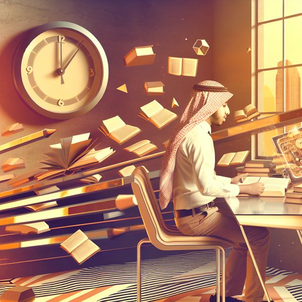 Enthousiast studeren in een moderne retro-futuristische setting Een jonge persoon studeert enthousiast aan een eigentijdse geometrische bureau, omringd door boeken in een retro-futuristische omgeving met veel licht.