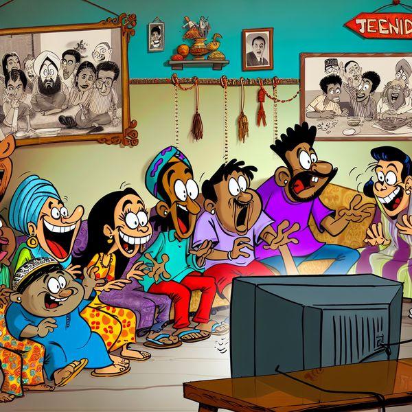 Enthousiaste cartoonkarakters in gezellige woonkamer Een levendige cartoon met enthousiaste personages die rond een televisie zitten in een gezellige woonkamer, terwijl ze reageren op een spannende televisiescène.