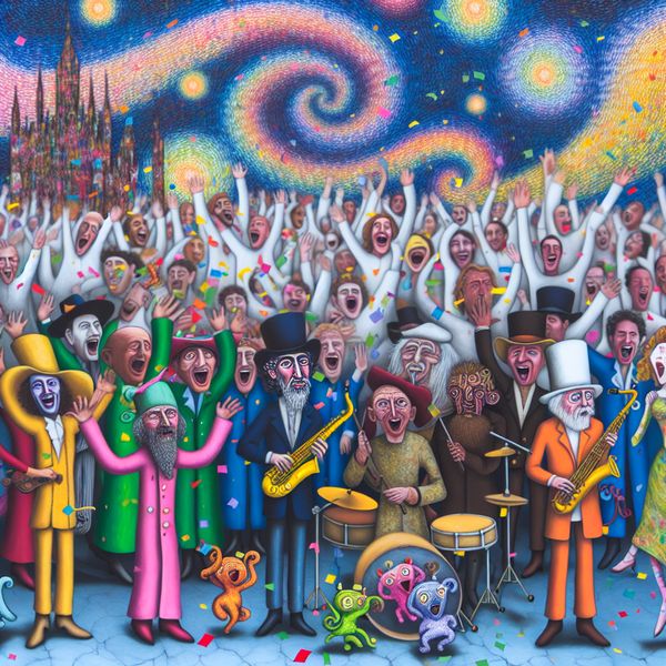 Enthousiaste Ontvangst van een Band met Juichende Menigte Een kleurrijke scène van een band die wordt verwelkomd door een juichende menigte, met confetti en bizarre figuren die vieren.