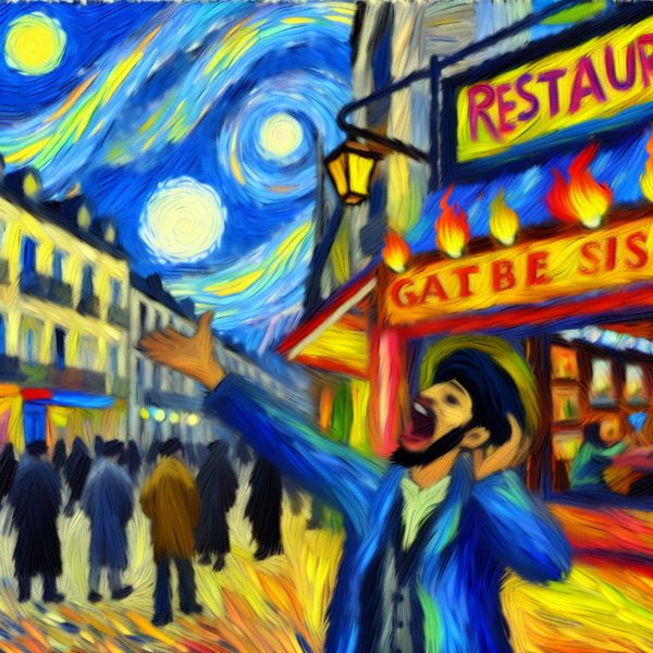 Een enthousiaste persoon wijst naar een levendig restaurantbord met een uitnodigende sfeer.