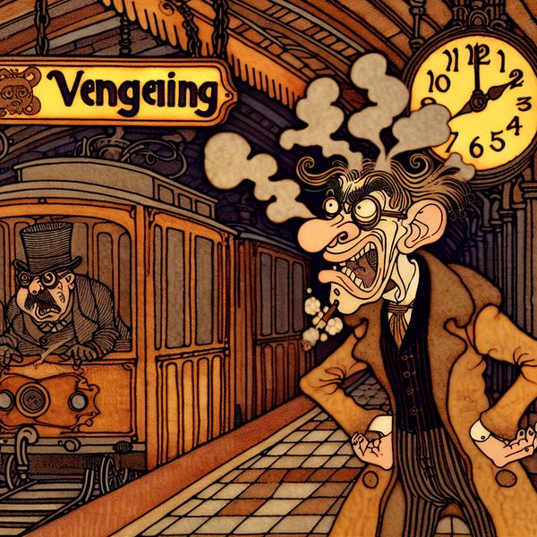 Cartoonfiguur met ergernis op vertraagd treinstation, stoom uit hoofd door vertraging