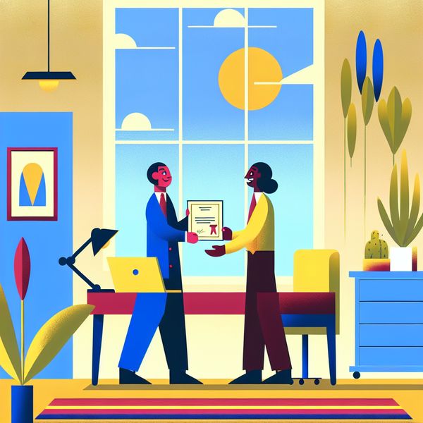 Een kleurrijke illustratie waarin een persoon een trofee of certificaat overhandigt aan een andere persoon in een kantooromgeving, met blije gezichten en een positieve sfeer.