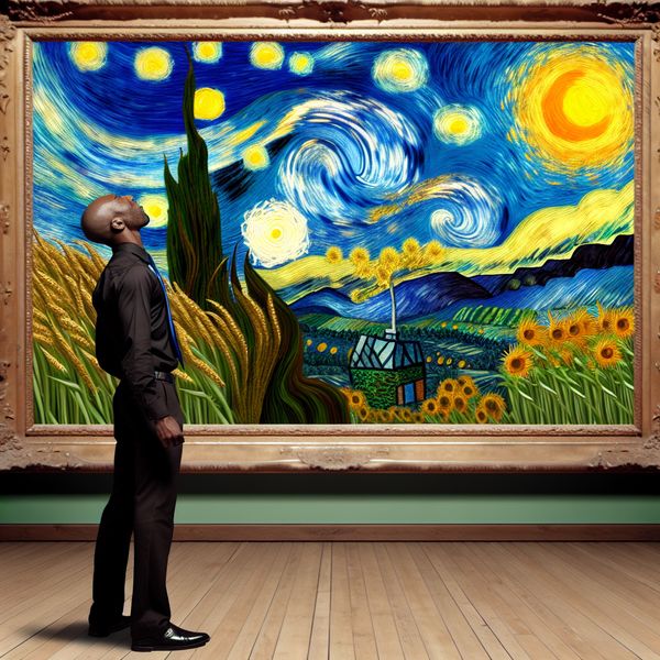 Een man staat voor een groot canvas en kijkt naar een schilderij van een landschap, dat erkenning symboliseert. Achtergrond met dikke, wervelende penseelstreken in de stijl van Vincent van Gogh.
