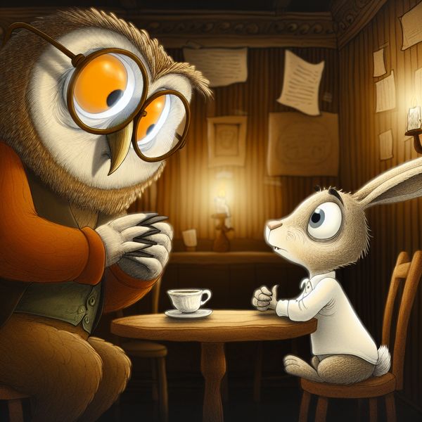 Ernstig gesprek tussen dieren in cartoonstijl - taal leren Nederlands Twee antropomorfe dieren, een uil en een konijn, voeren een ernstig gesprek aan een houten tafel in een gezellige kamer met warme verlichting