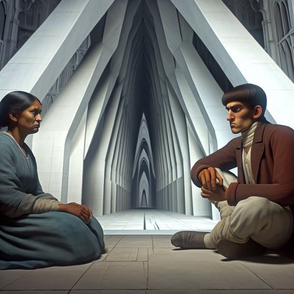 Twee mensen in een ernstig gesprek in een monumentale architectonische setting met koel licht en een sombere sfeer