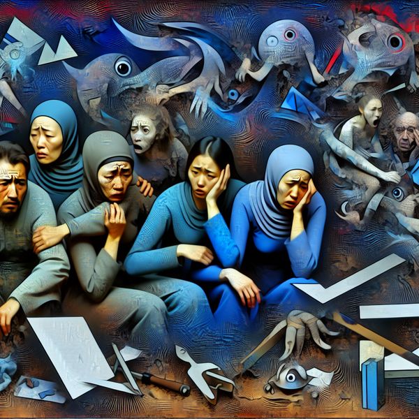 Chaotische scène van een ernstig probleem Een groep mensen in wanhoop gevangen in een chaotische omgeving, omringd door bizarre wezens en abstracte vormen, symboliserend een ernstig probleem.