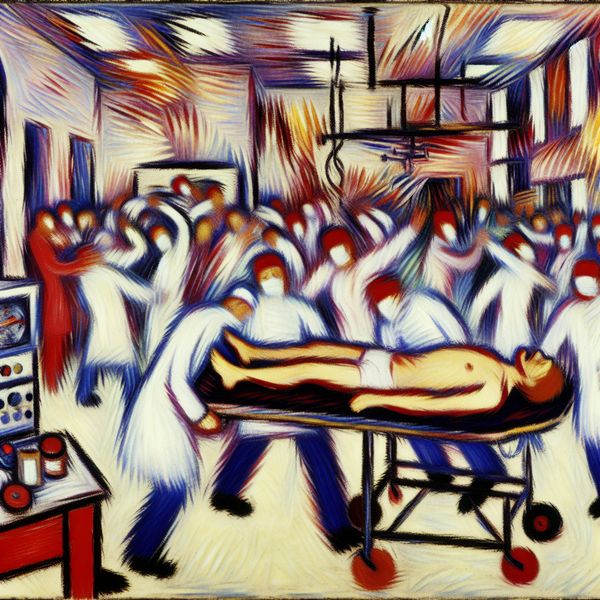 Abstract expressionistische weergave van een chaotische spoedeisende hulp in een ziekenhuis, met een patiënt op een brancard en druk bezig medisch personeel in felle kleuren