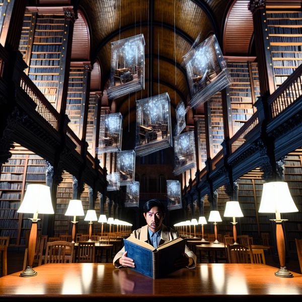 Diep nadenken over eerder genoemd onderwerp in surrealistische bibliotheek Persoon denkt diep na in een grote bibliotheek met zwevende herinneringen aan een eerder besproken onderwerp, surrealistisch weergegeven