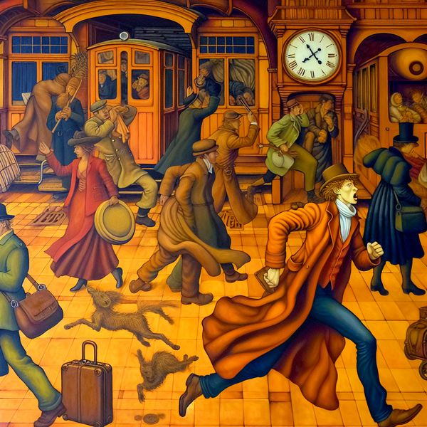 Drukke treinstation-scène in de stijl van Jan Steen met een persoon die haastig vertrekt om de trein niet te missen, jas wapperend in de haast