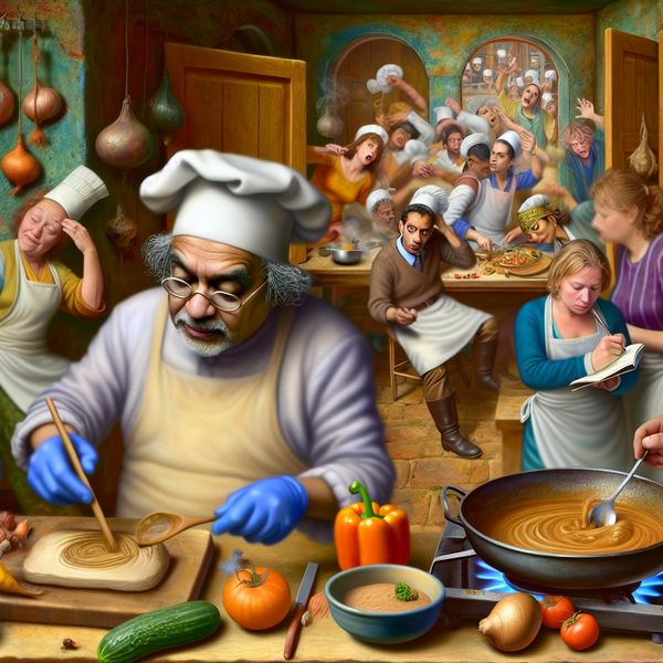 Een ervaren chef in een drukke keuken, bezig met het bereiden van een maaltijd te midden van een chaos van ingrediënten.