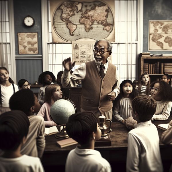Ervaren leraar in charmante vintage klas Een ervaren leraar in een vintage schoolklas met enthousiaste studenten