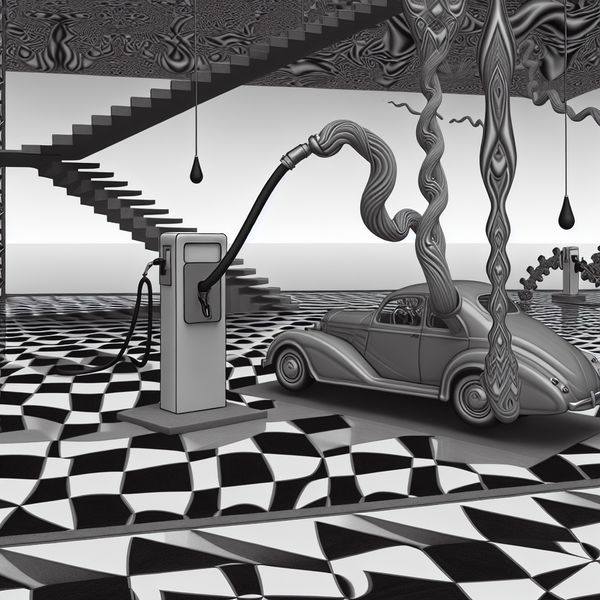 Surrealistische geometrische voorstelling van een auto die tankt bij een futuristisch tankstation met onmogelijke brandstofstromen in de stijl van M.C. Escher
