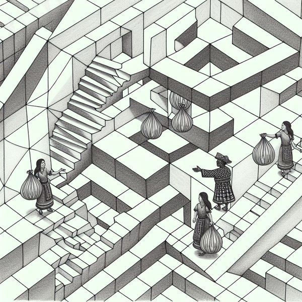 M.C. Escher Trapgeometrie met Aanbod Surreal scène met geometrische figuren op een Escher-achtige trap, één biedt hulp aan met dragen van tassen