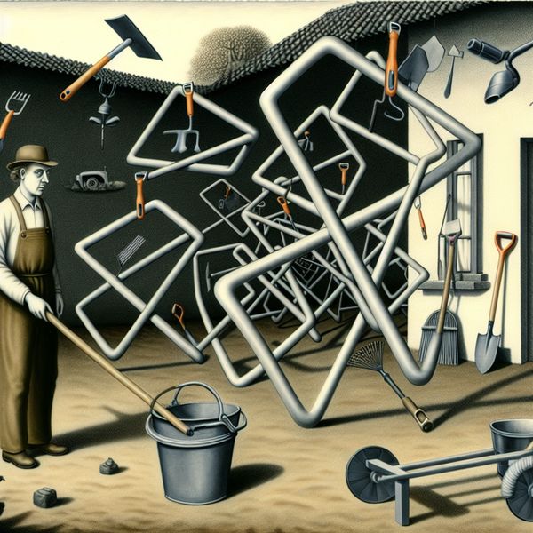 Surrealistische Escher-achtige illustratie van een man in een tuin omringd door zwevende, verstrengelde tuingereedschappen die een eindeloze lus vormen, symboliserend een onafgemaakte klus in het huishouden
