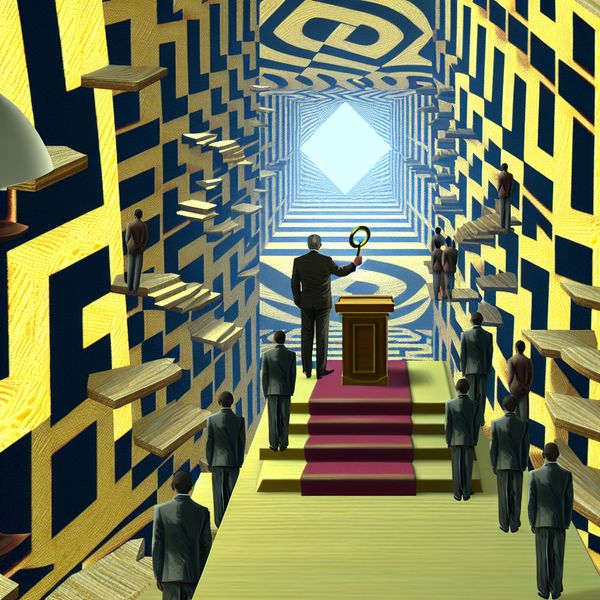 Surrealistische Escher-achtige voorstelling van een formele bijeenkomst die beëindigd wordt, met paradoxale trappen, oplossende figuren en een zwevend 'einde'-symbool