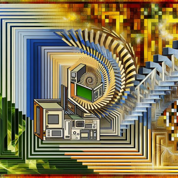Herstel van computer naar oorspronkelijke staat met Escher-achtige optische illusies Surrealistische afbeelding in de stijl van M.C. Escher van een computer die na een update terugkeert naar zijn oorspronkelijke staat met geometrische patronen en optische illusies