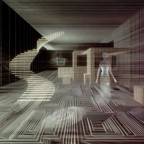 Surrealistisch lichaam in Escher-stijl: sporen van een onbekende persoon in optische illusie Surrealistische Escher-achtige crime scene met een transparante menselijke figuur van geometrische patronen en optische illusies, die een vluchtige fysieke aanwezigheid suggereert