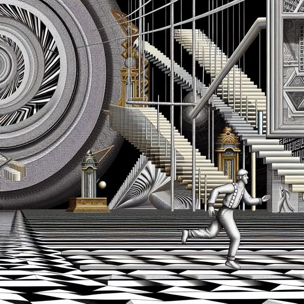 Surrealistische loopband met oneindige geometrische patronen in de stijl van M.C. Escher, symboliserend constante snelheid en tempo