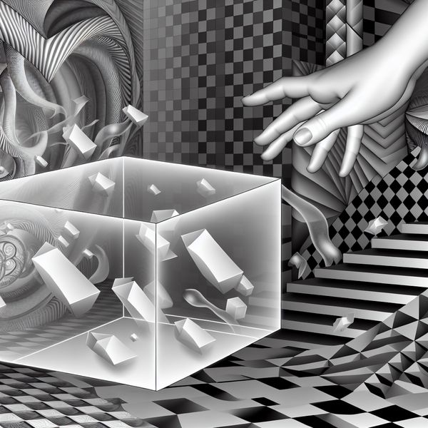 Onmogelijke doos Escher-stijl: symboliek van extractie uit een plaats of situatie Surrealistische tekening in de stijl van M.C. Escher van een onmogelijke geometrische doos waaruit vage objecten zweven, symboliserend het onvermogen om iets uit een plaats of situatie te halen